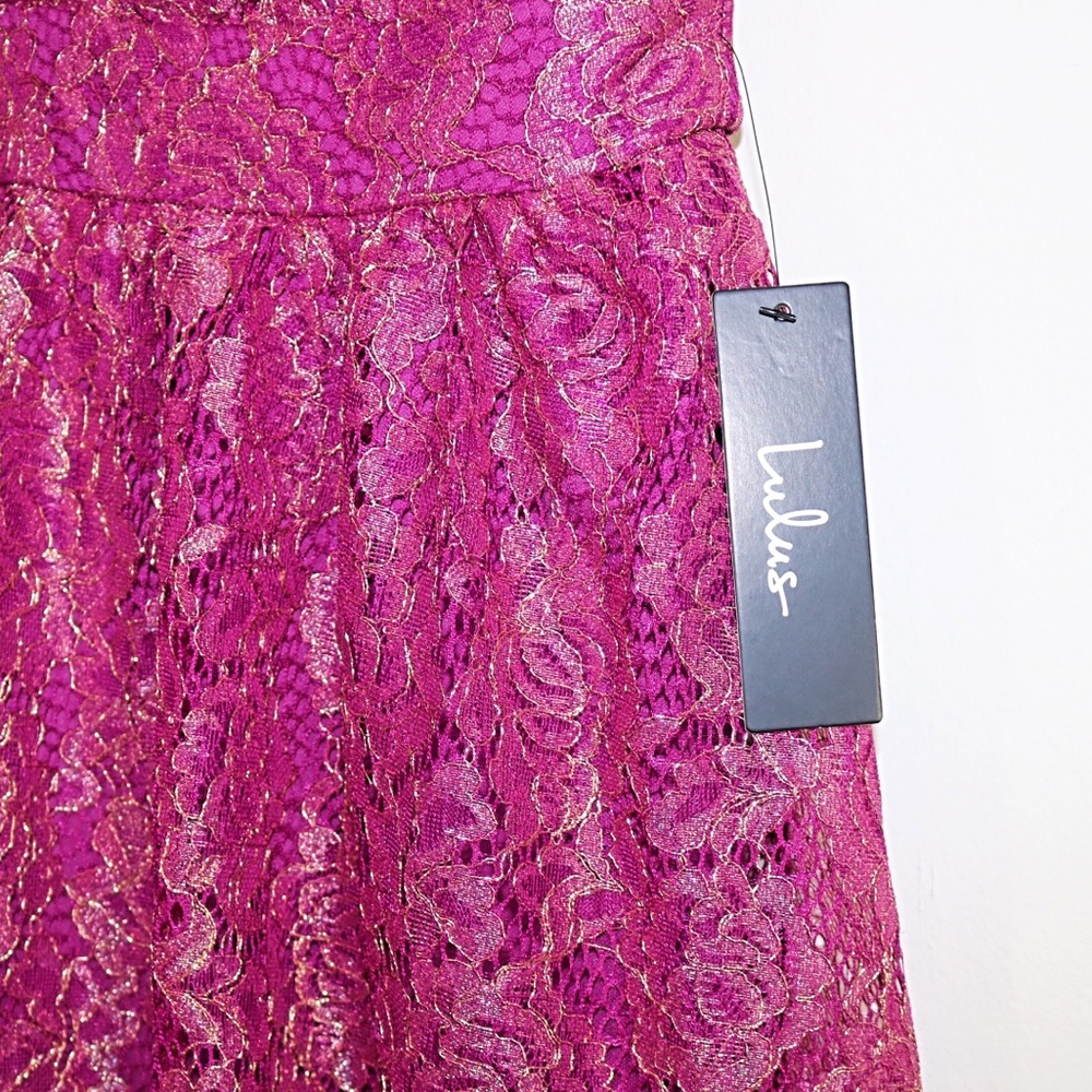 Lulu’s Tawny Magenta Metallic Lace Skater Dress - Picture 6 of 9
